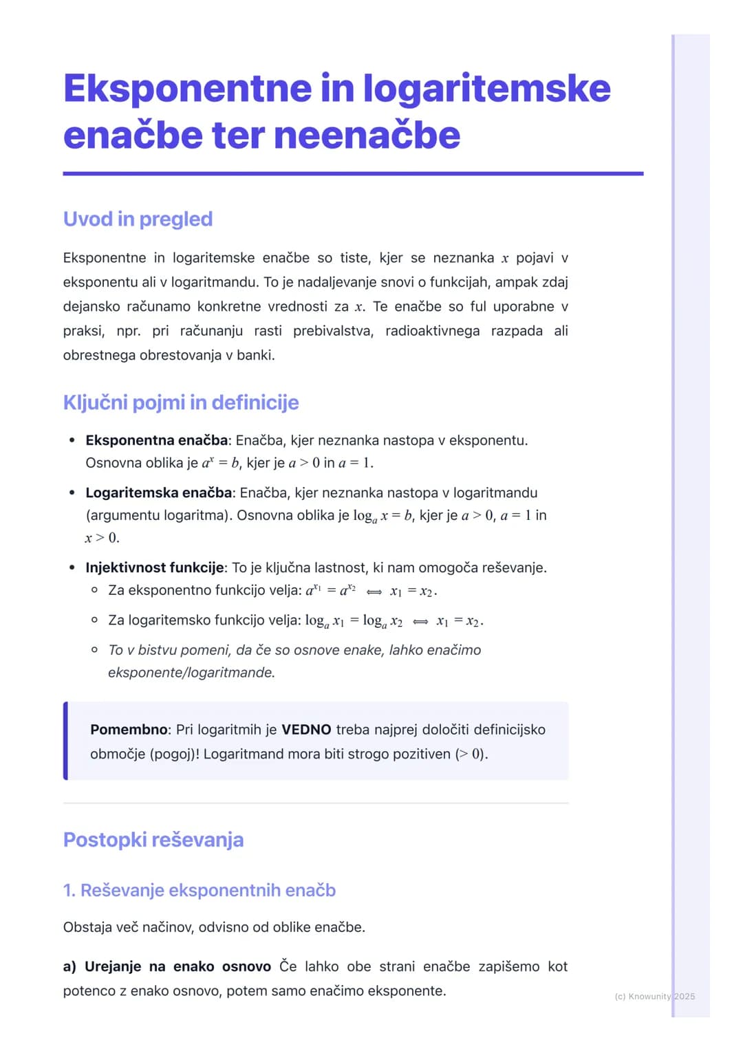 # Eksponentne in logaritemske
enačbe ter neenačbe
Uvod in pregled
Eksponentne in logaritemske enačbe so tiste, kjer se neznanka x pojavi v