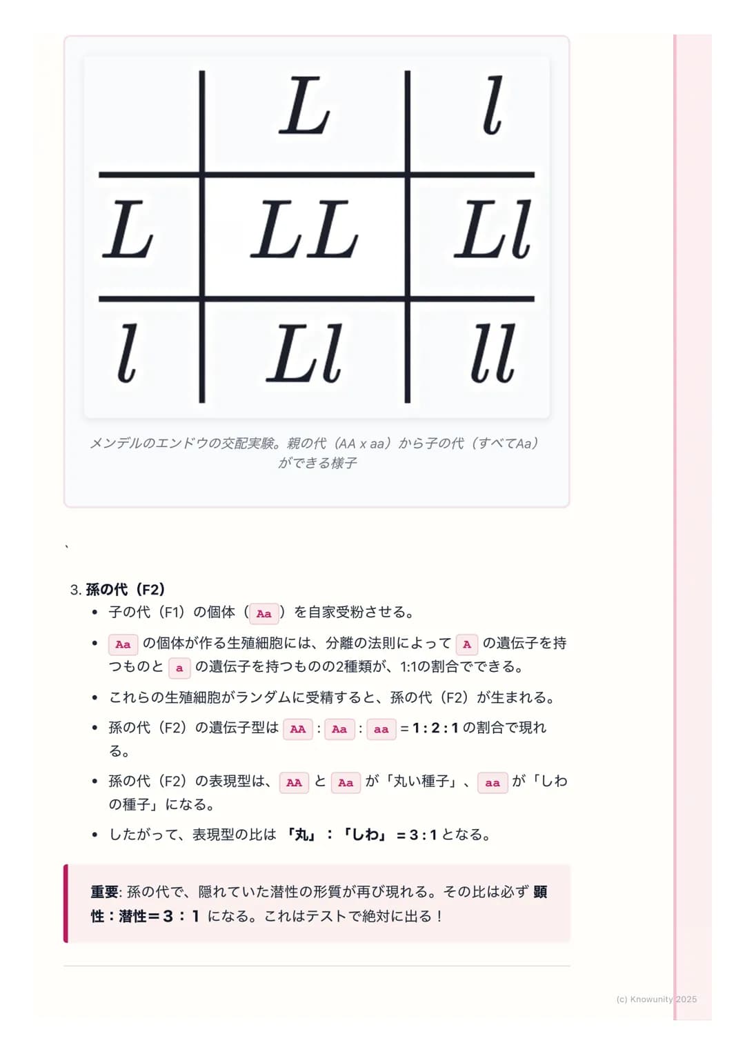 # 遺伝の法則
## 遺伝の法則の概要
親から子へ、姿や形などの特徴(形質)が伝わることを遺伝という。この遺伝
のしくみには、決まった法則があることを発見したのがメンデル。ここでは、
メンデルが行ったエンドウの実験をもとに、遺伝の基本的な法則を理解する。テ
ストで計算問題も出
