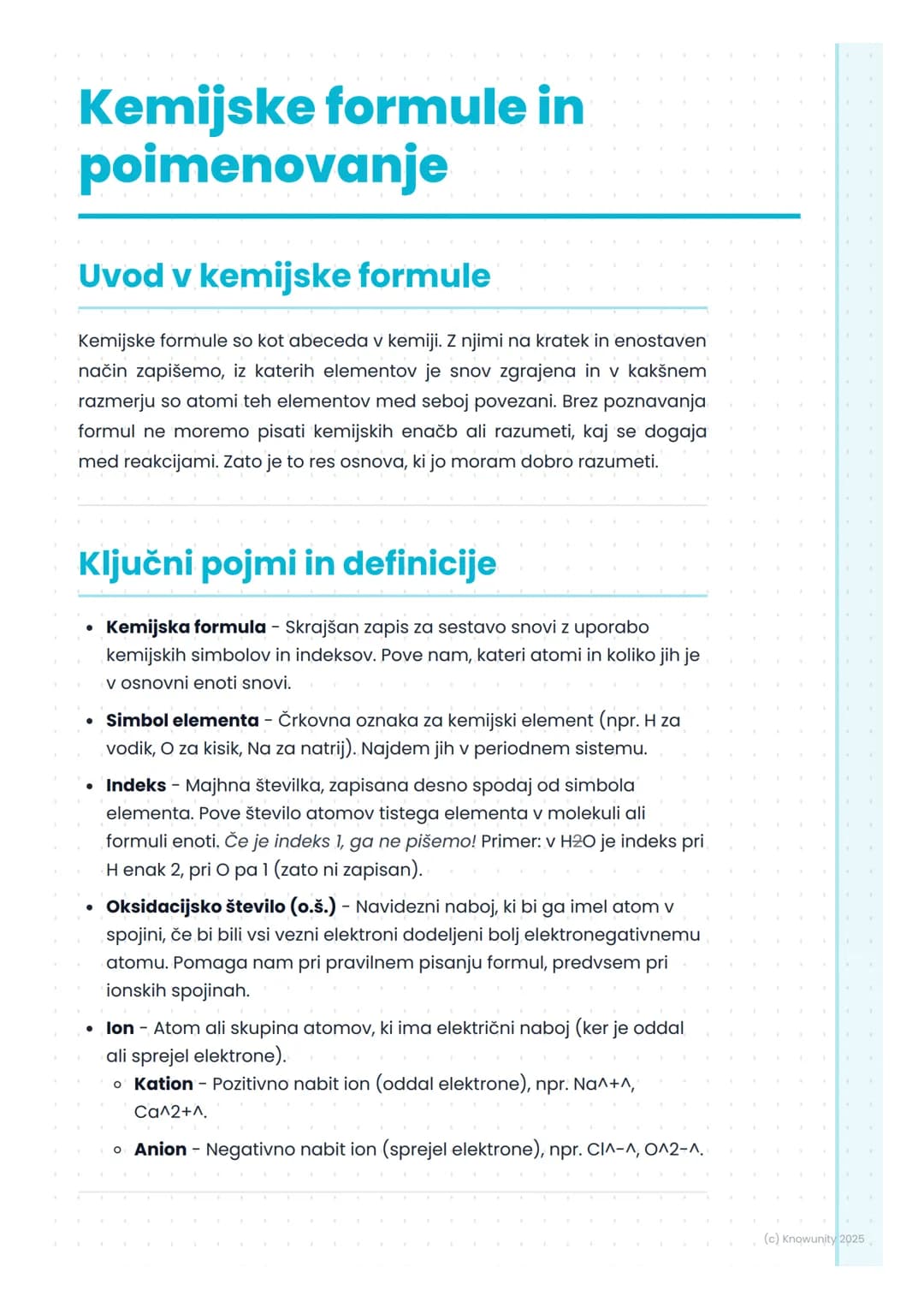 # Kemijske formule in
poimenovanje
Uvod v kemijske formule
Kemijske formule so kot abeceda v kemiji. Z njimi na kratek in enostaven
način