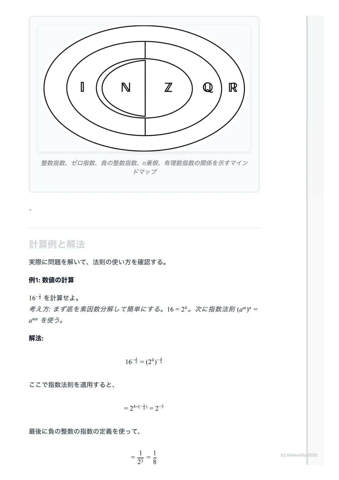 # 指数の拡張と計算
指数の拡張の概要・
中学で学んだ自然数の指数から、高校数学IIでは指数を整数、有理数、そして実
数全体にまで拡張する。これにより、$2^{-3}$や$4^{\frac{1}{2}}$のような計算が可能になる。この
拡張は、後の指数関数や対数関数を理解する