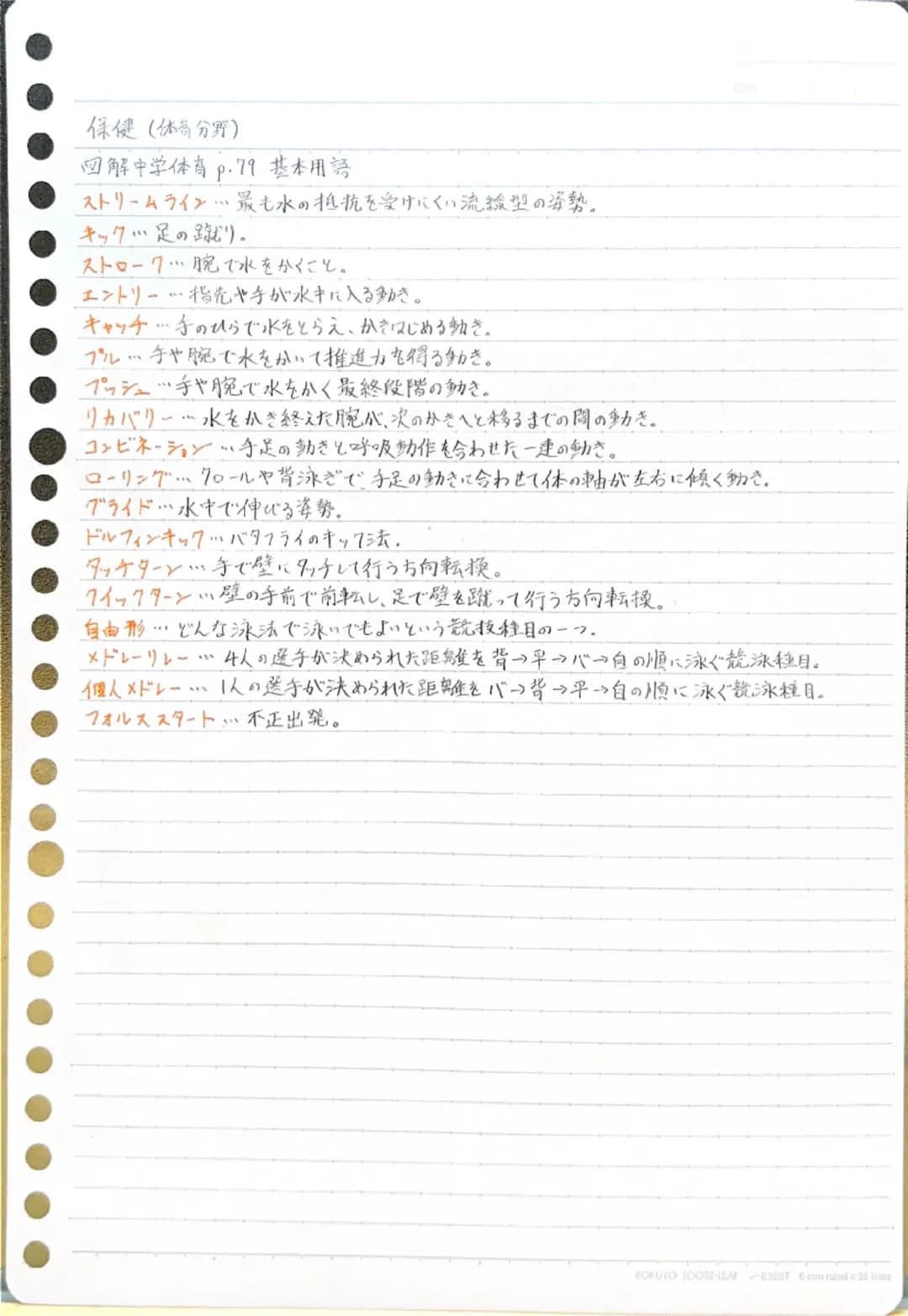 保健(体育分野)
図解中学体育 p.79 基本用語
ストリームライン・・・最も水の抵抗を受けにくい流線型の姿勢。
キック・・・足の蹴り。
ストローク・・・腕で水をかくこと。
エントリー・・・指先や手が水中に入る動き。
キャッチ・・・・手のひらで水をとらえ、かきはじめる