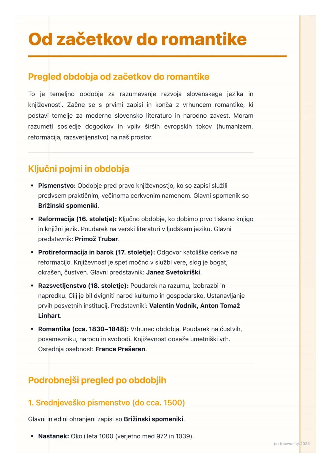 # Od začetkov do romantike
Pregled obdobja od začetkov do romantike
To je temeljno obdobje za razumevanje razvoja slovenskega jezika in
kn