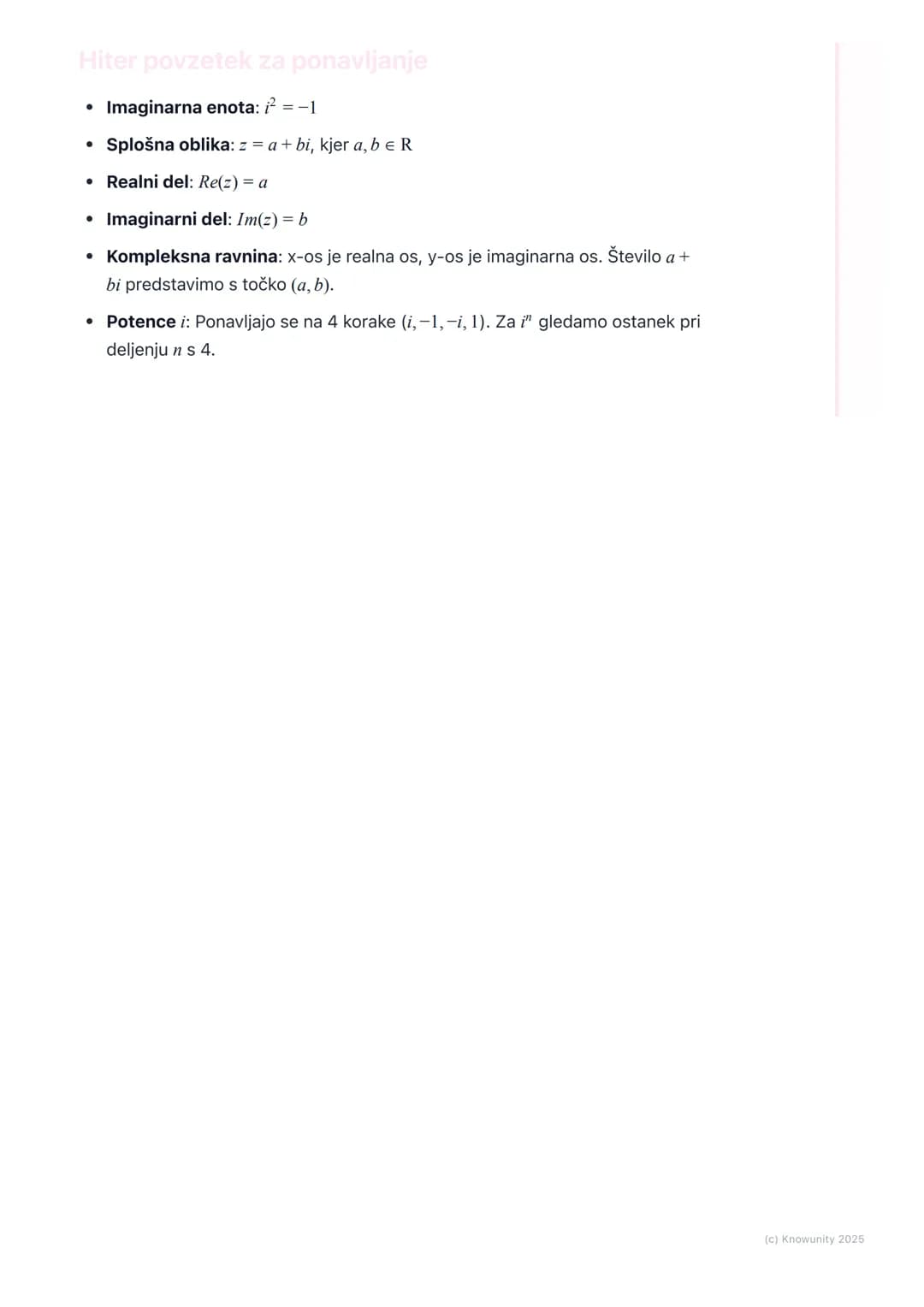 # Uvod v kompleksna števila
Uvod v kompleksna števila
Kompleksna števila so razširitev realnih števil. Potrebujemo jih, ker v množici
real
