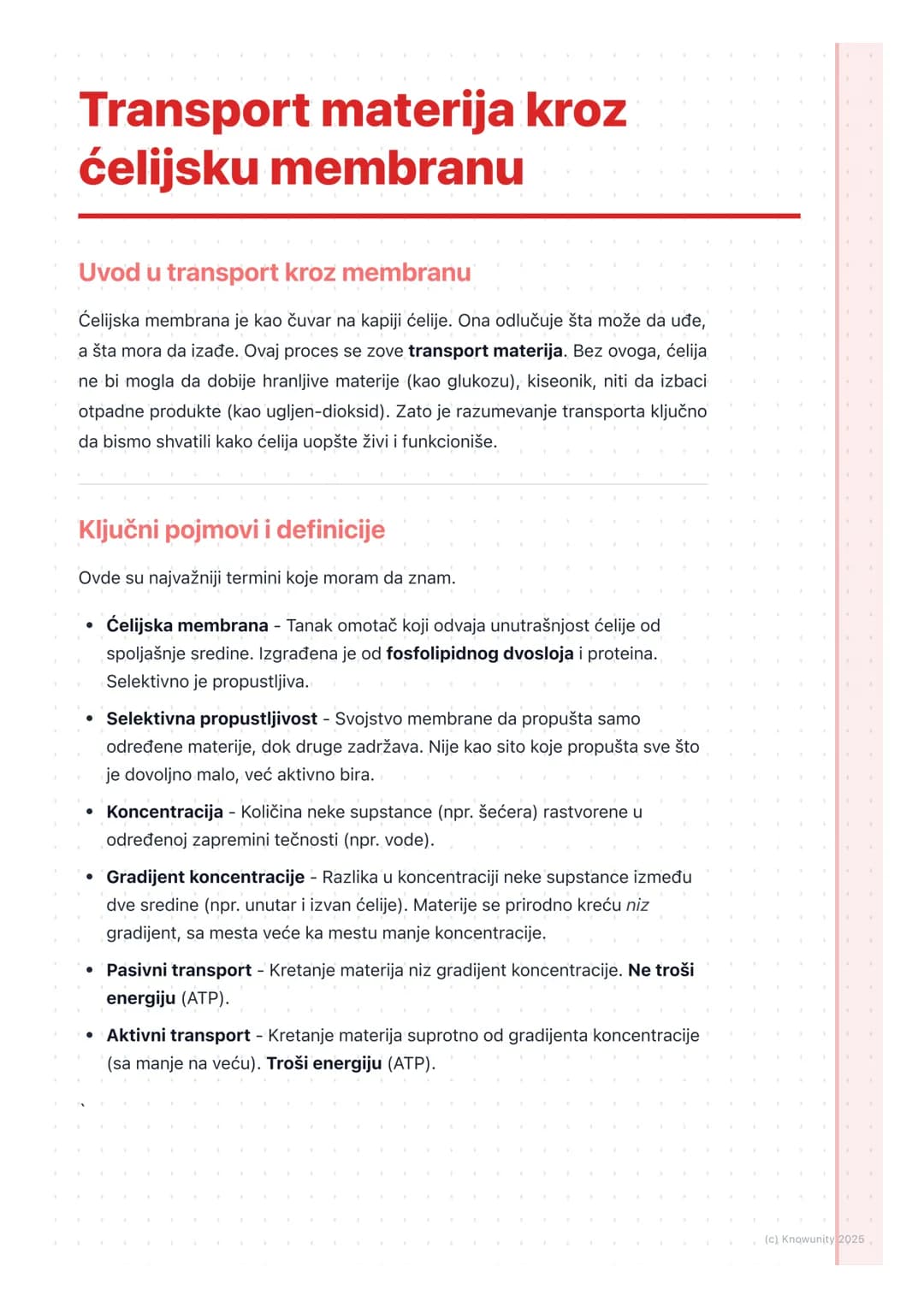 # Transport materija kroz
ćelijsku membranu
Uvod u transport kroz membranu
Ćelijska membrana je kao čuvar na kapiji ćelije. Ona odlučuje š
