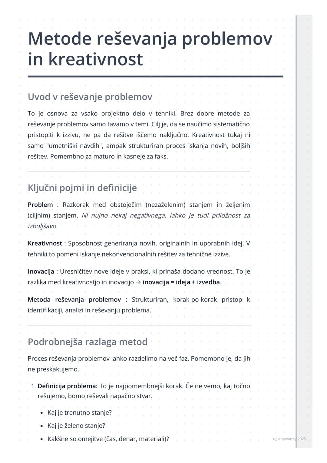 # Metode reševanja problemov
in kreativnost
Uvod v reševanje problemov
To je osnova za vsako projektno delo v tehniki. Brez dobre metode z