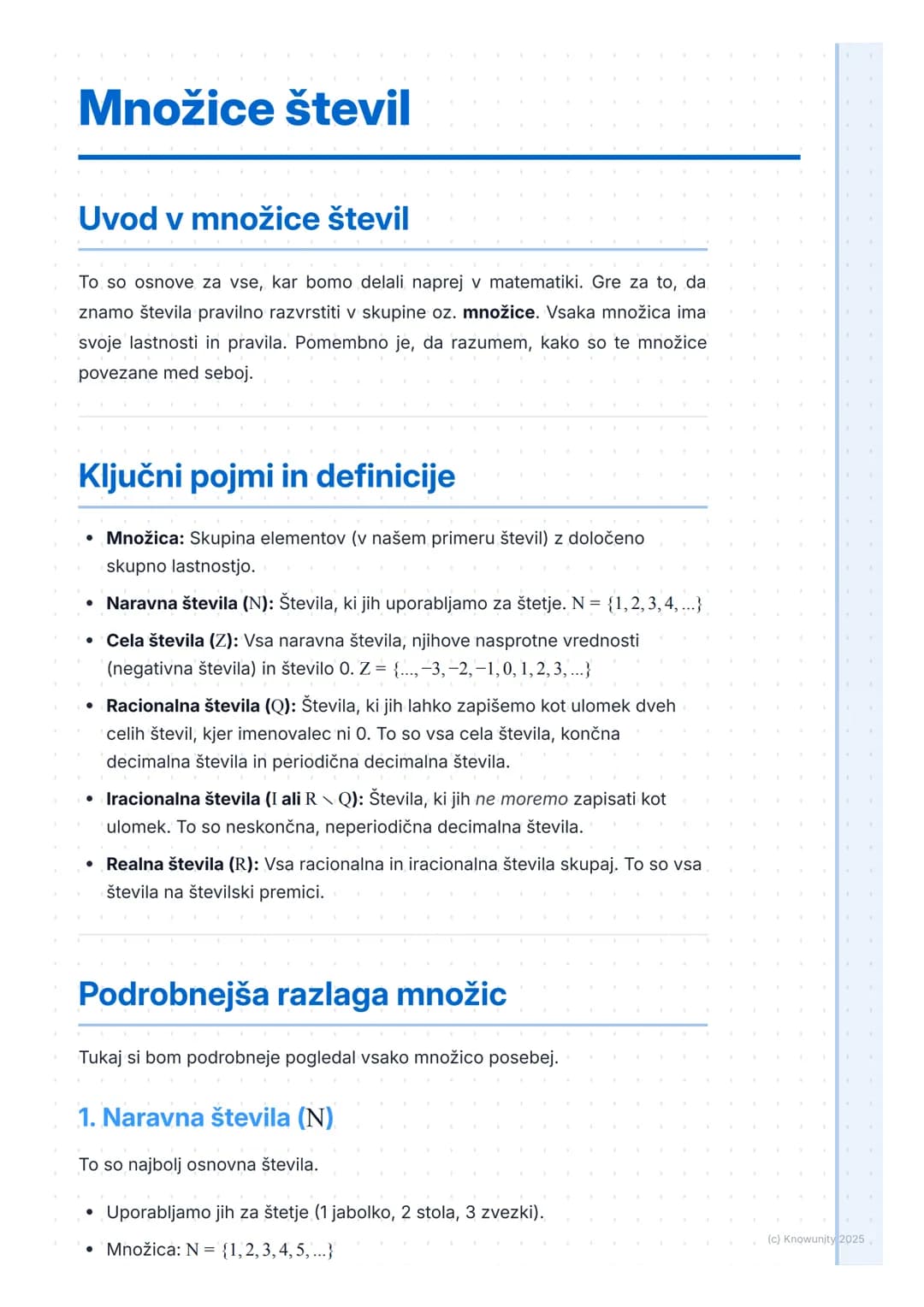 # Množice števil
## Uvod v množice števil
To so osnove za vse, kar bomo delali naprej v matematiki. Gre za to, da
znamo števila pravilno r