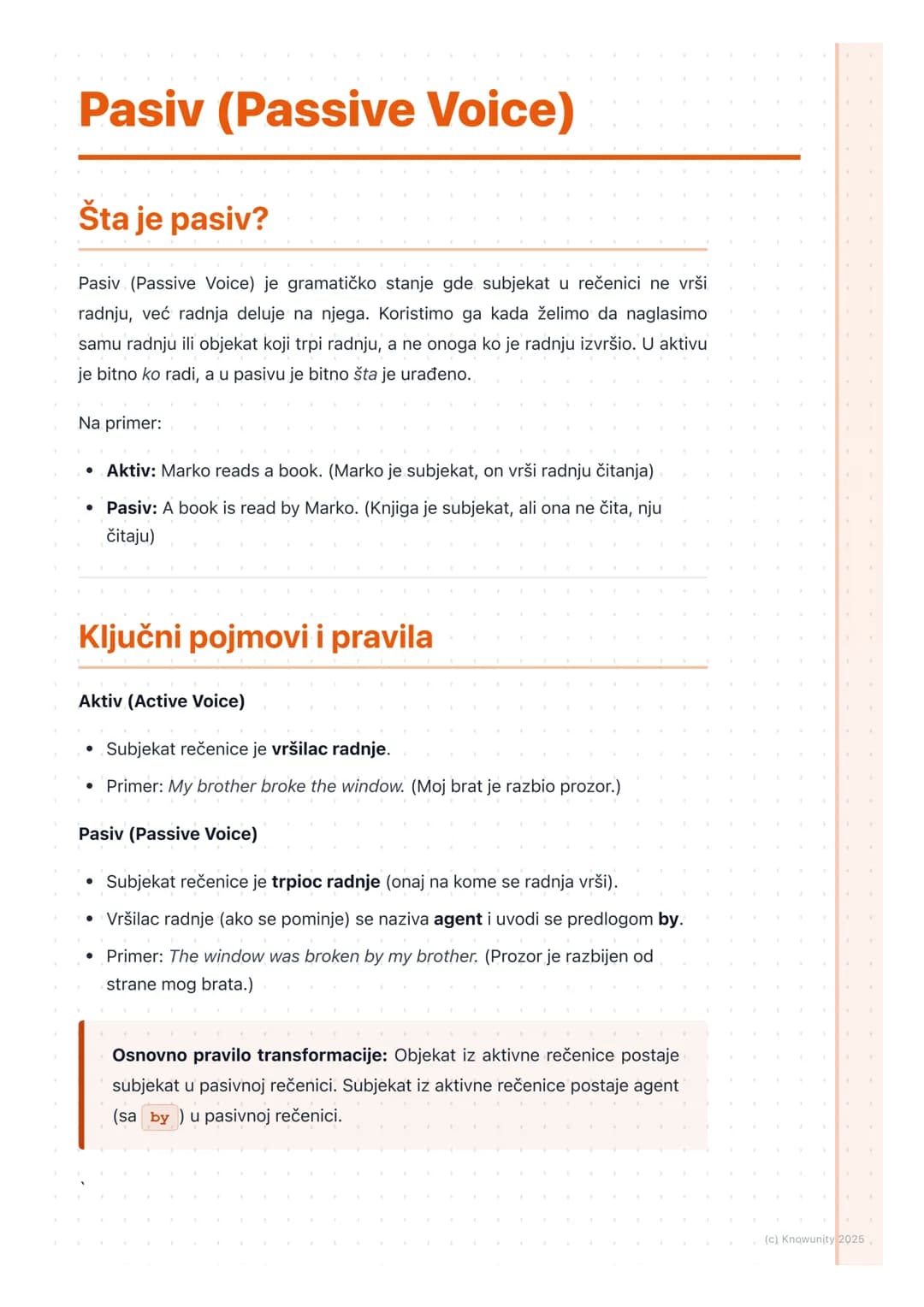 # Pasiv (Passive Voice)
Šta je pasiv?
Pasiv (Passive Voice) je gramatičko stanje gde subjekat u rečenici ne vrši
radnju, već radnja deluje