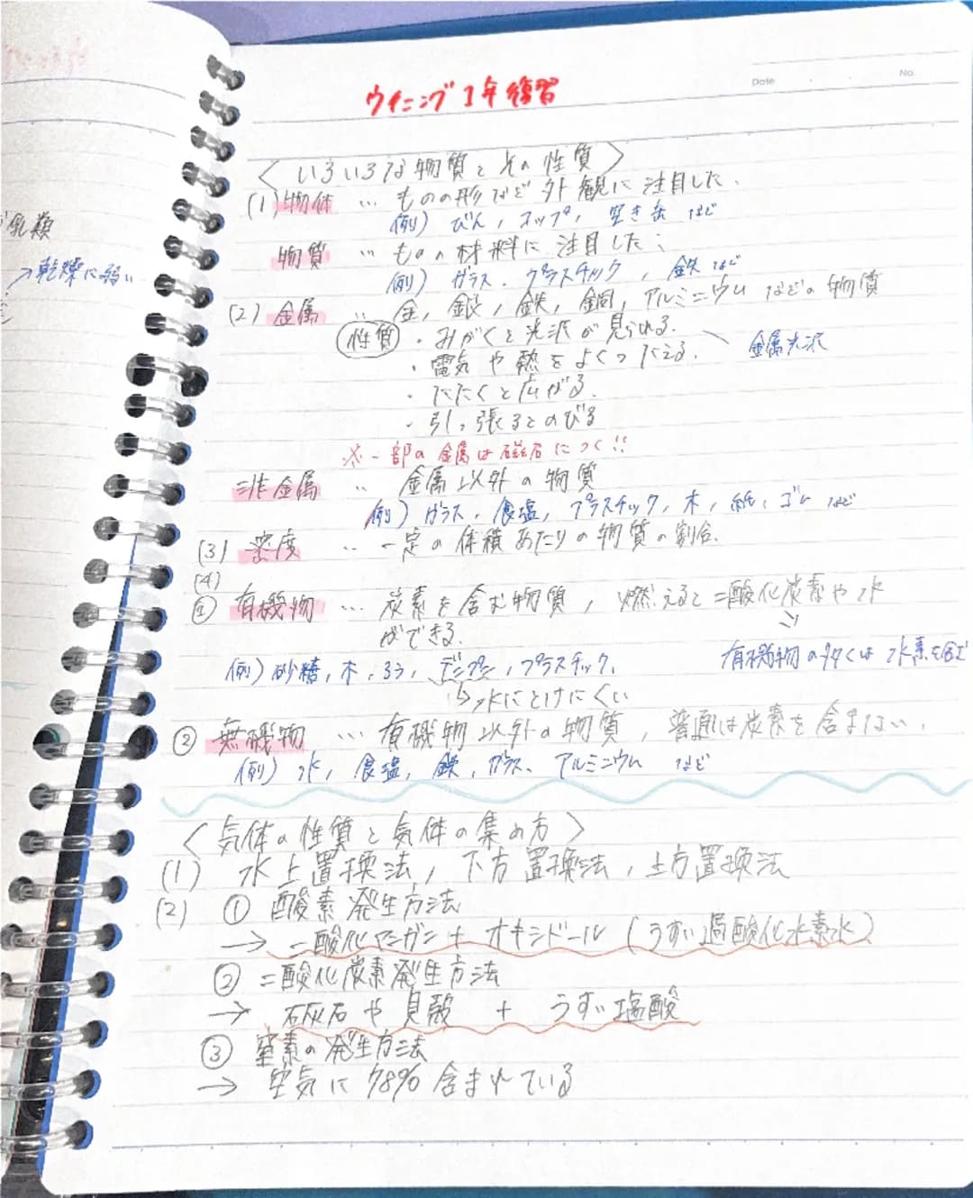 ウイニング1年復習
Date
No
<種物の体のつくり>
種子植物・花がさいて、種子をつくってふえる植物。
被子植物・・胚珠が子房に包まれている。
裸子植物胚珠がむき出しになっている。
アリ
桜、バラ、チューリップ、トマト・リンゴ)
スギ、イチョウ
人床、トウモロコシ
|