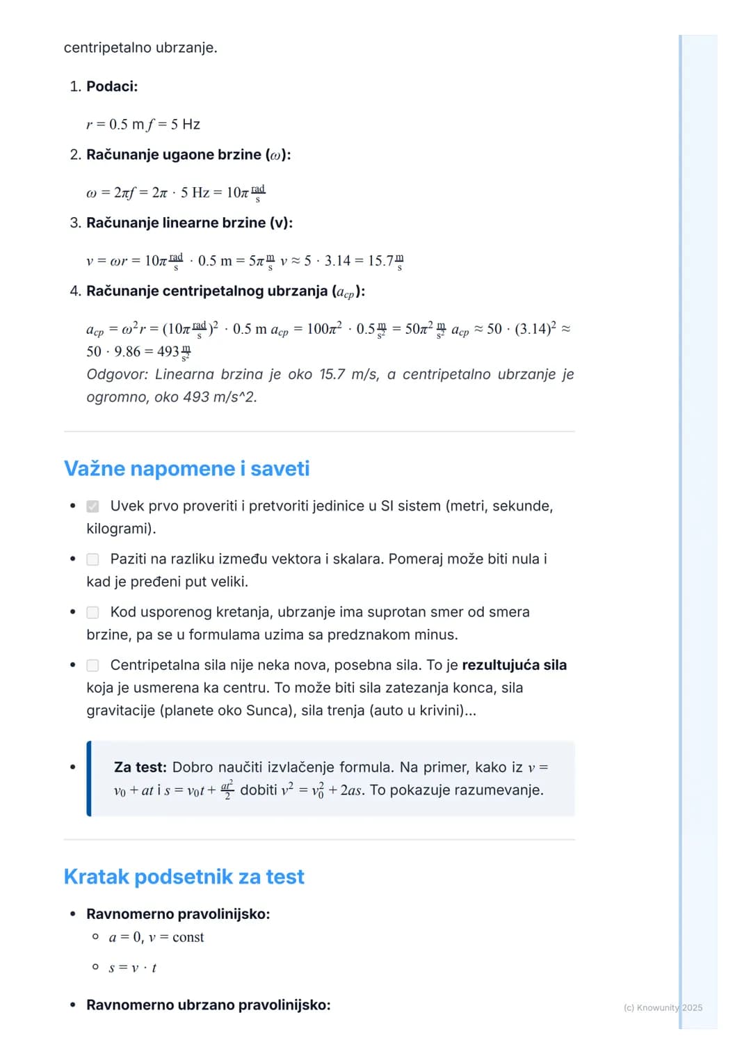 Ubrzanje
$a$
Vektor
Brzina promene brzine tela. Pokazuje
kako se brzo i u kom pravcu menja
vektor brzine. $a = \frac{\Delta v}{\Delta t}$
K