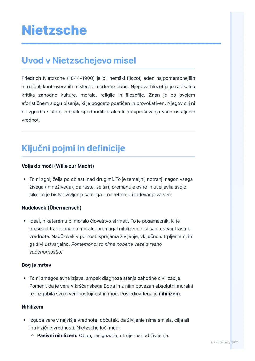 # Nietzsche
## Uvod v Nietzschejevo misel
Friedrich Nietzsche (1844-1900) je bil nemški filozof, eden najpomembnejših
in najbolj kontrover