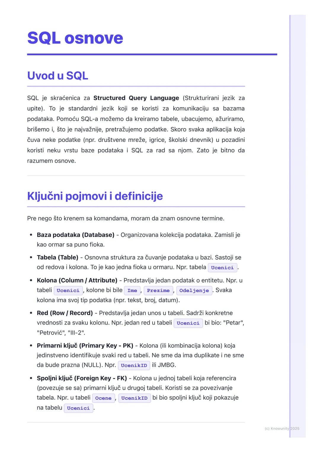 # SQL osnove
Uvod u SQL
SQL je skraćenica za Structured Query Language (Strukturirani jezik za
upite). To je standardni jezik koji se kori