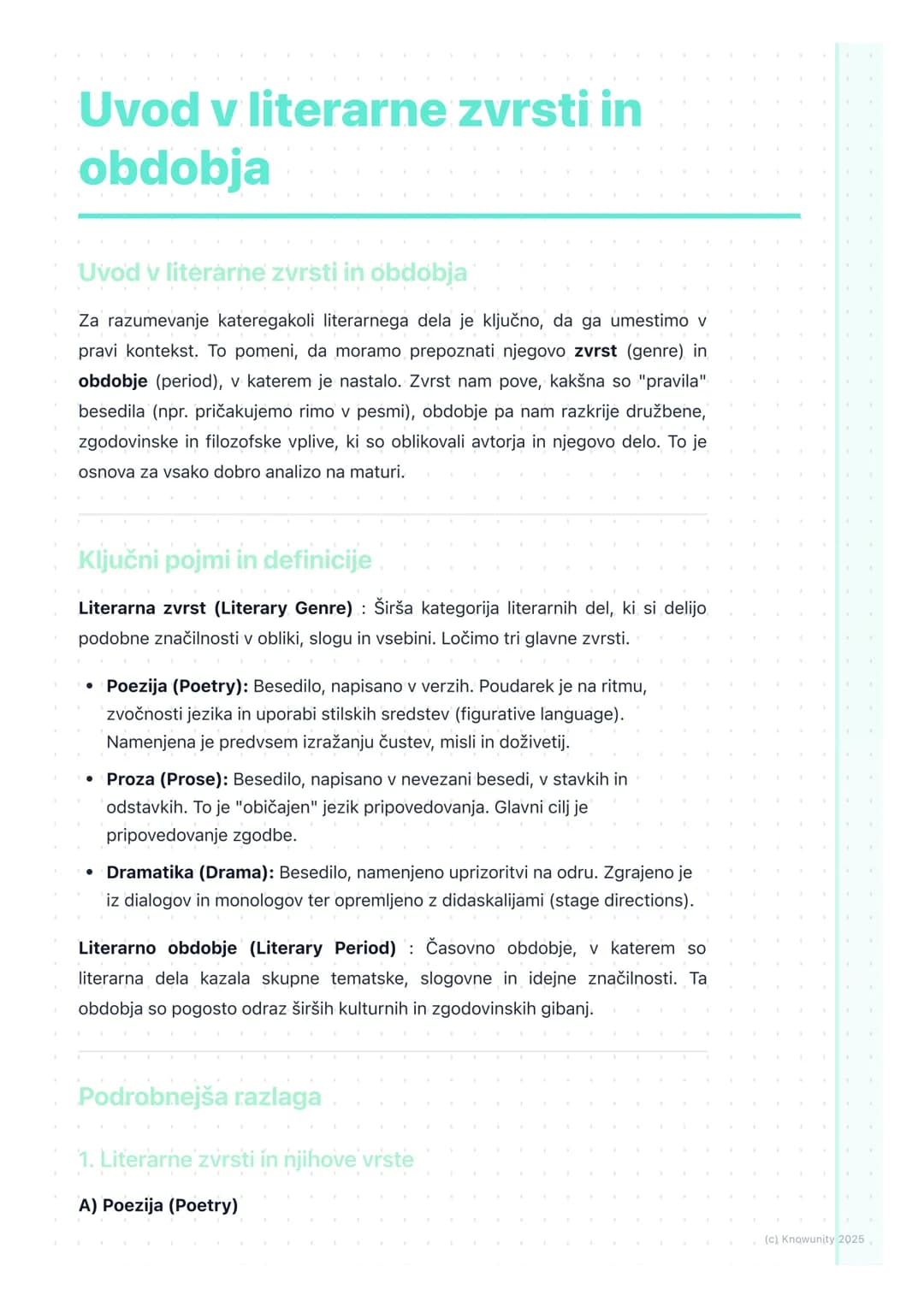 # Uvod v literarne zvrsti in
obdobja
Uvod v literarne zvrsti in obdobja
Za razumevanje kateregakoli literarnega dela je ključno, da ga ume
