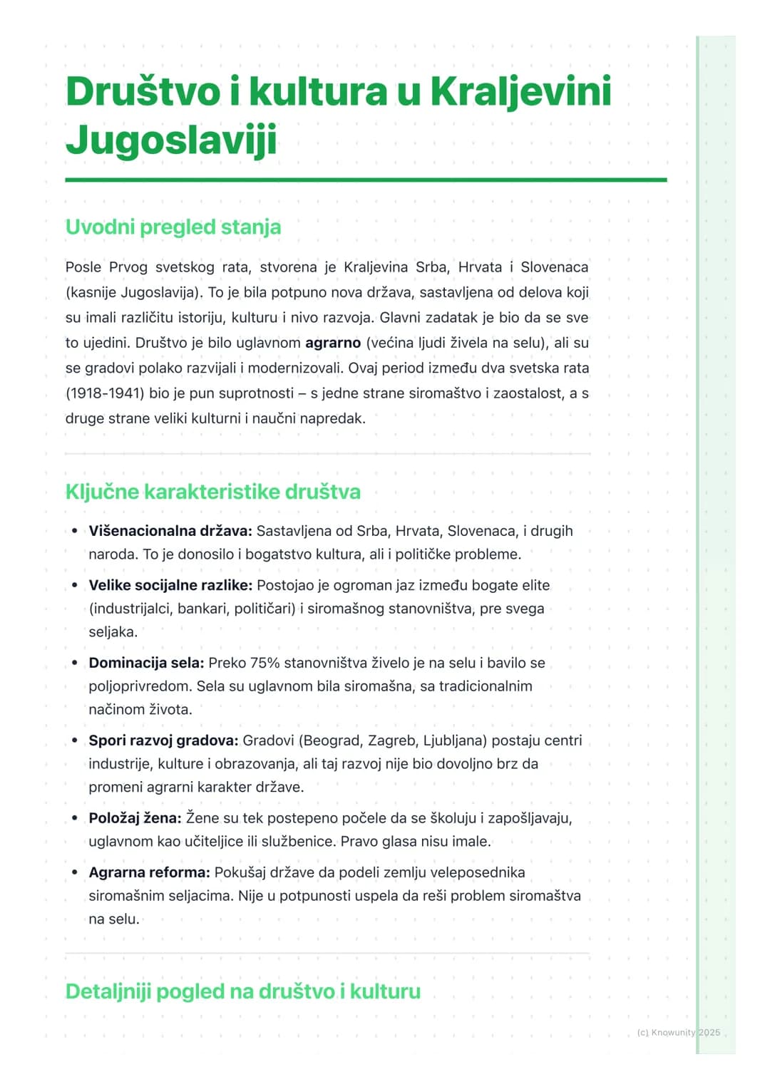 # Društvo i kultura u Kraljevini
Jugoslaviji
Uvodni pregled stanja
Posle Prvog svetskog rata, stvorena je Kraljevina Srba, Hrvata i Sloven