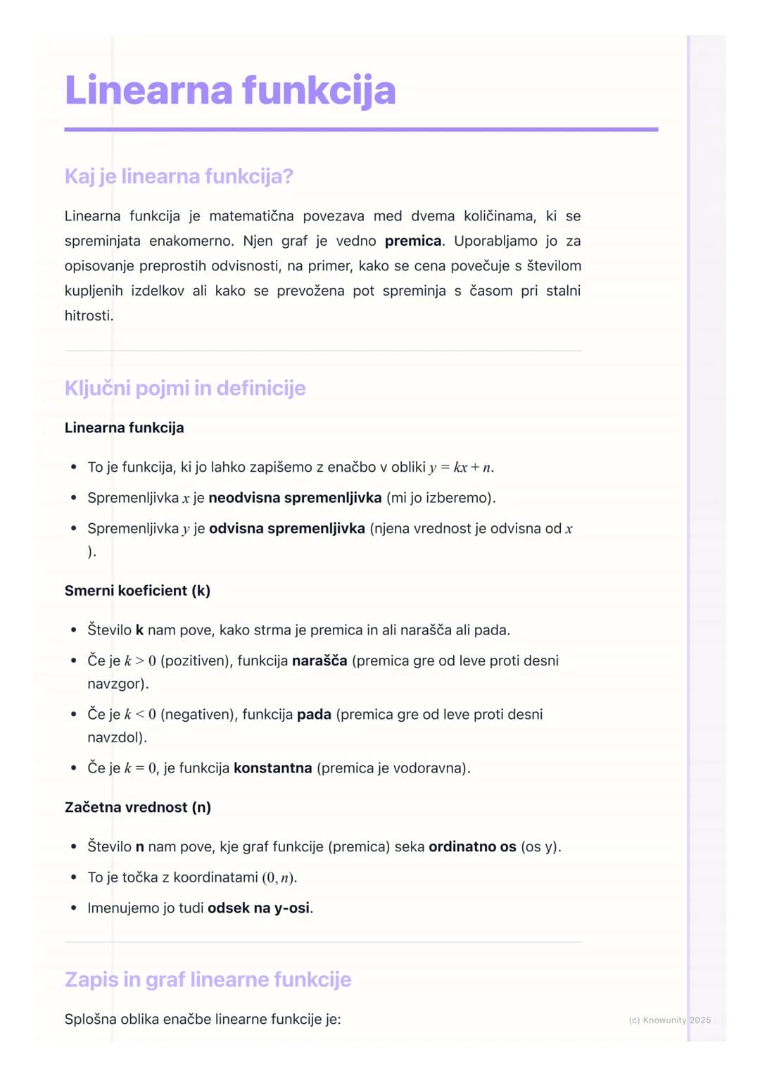 # Linearna funkcija
Kaj je linearna funkcija?
Linearna funkcija je matematična povezava med dvema količinama, ki se
spreminjata enakomerno