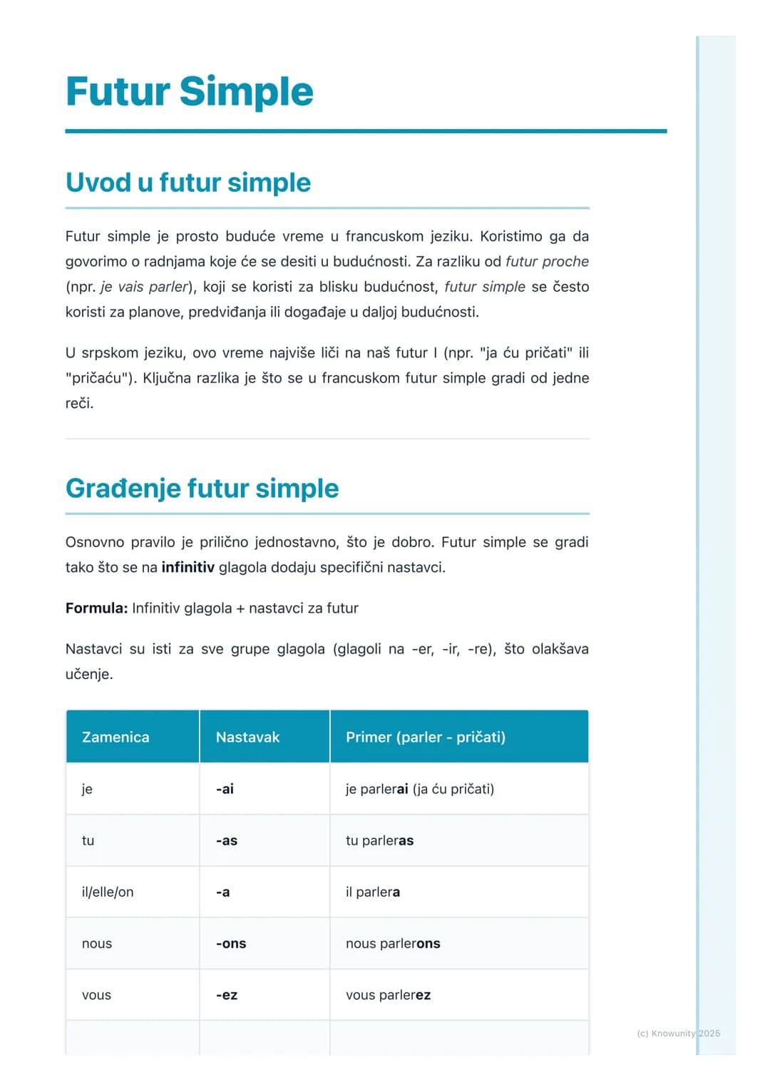 # Futur Simple
## Uvod u futur simple
Futur simple je prosto buduće vreme u francuskom jeziku. Koristimo ga da
govorimo o radnjama koje će