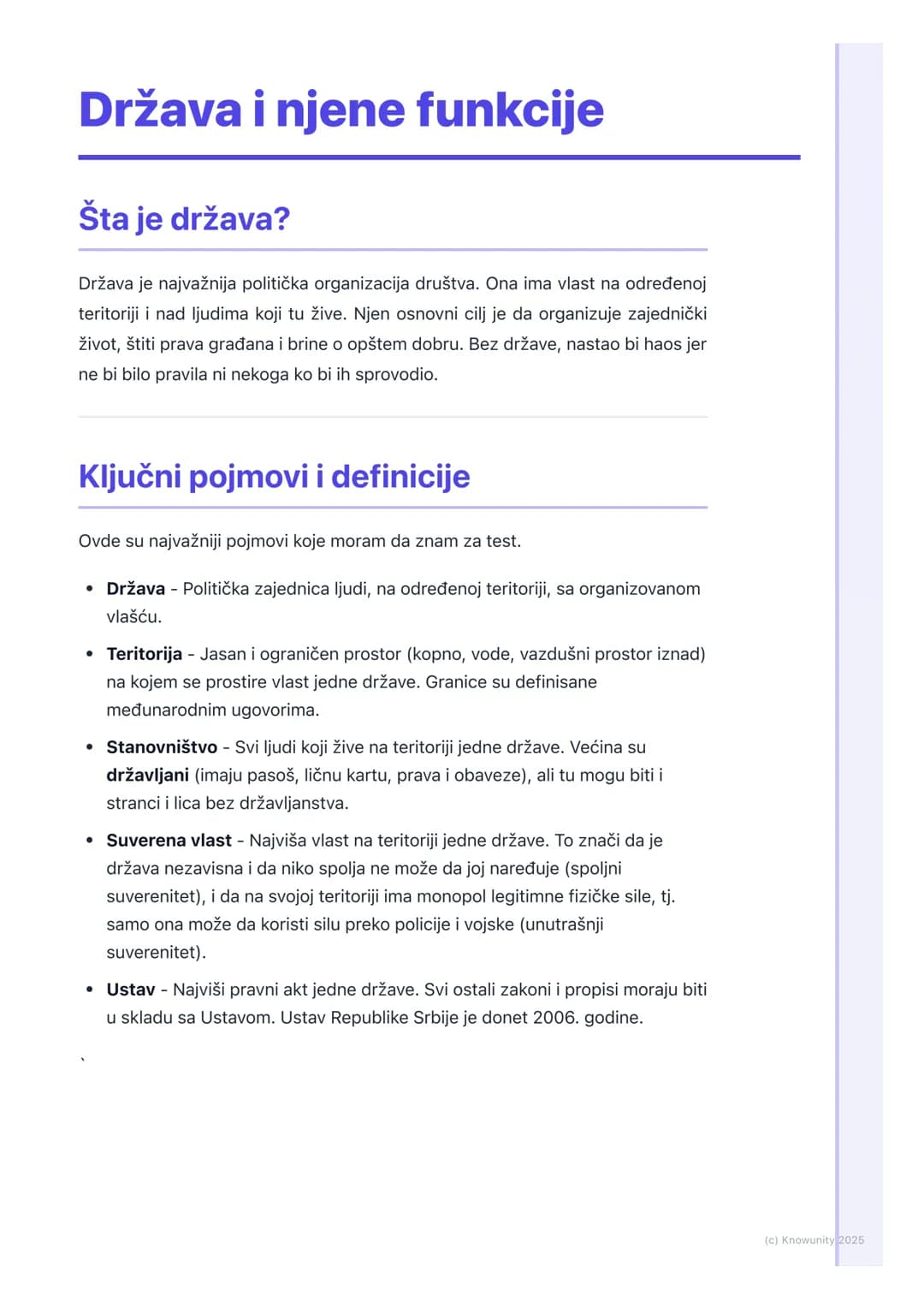 # Država i njene funkcije
## Šta je država?
Država je najvažnija politička organizacija društva. Ona ima vlast na određenoj
teritoriji i n