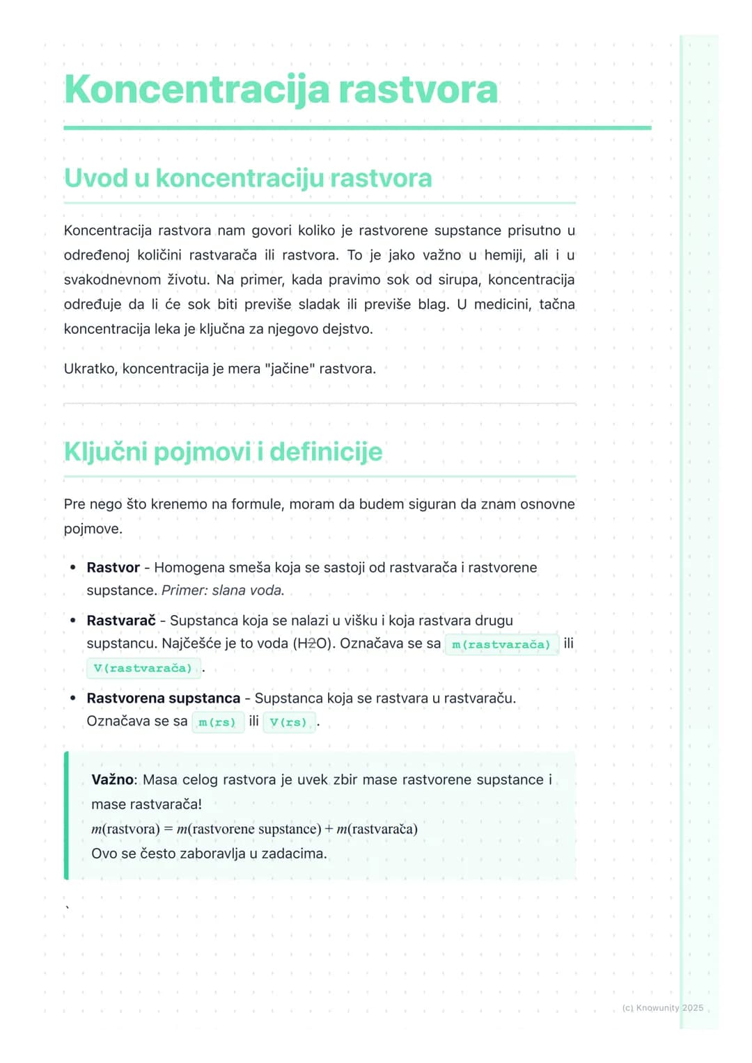 # Koncentracija rastvora
Uvod u koncentraciju rastvora
Koncentracija rastvora nam govori koliko je rastvorene supstance prisutno u
određen