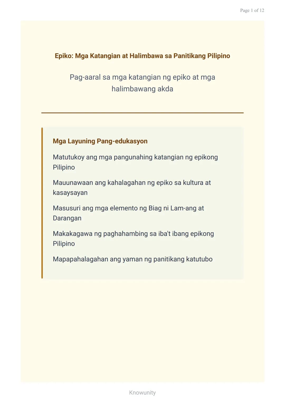 # Epiko: Mga Katangian at Halimbawa sa Panitikang Pilipino
Pag-aaral sa mga katangian ng epiko at mga halimbawang akda
## Mga Layuning Pan