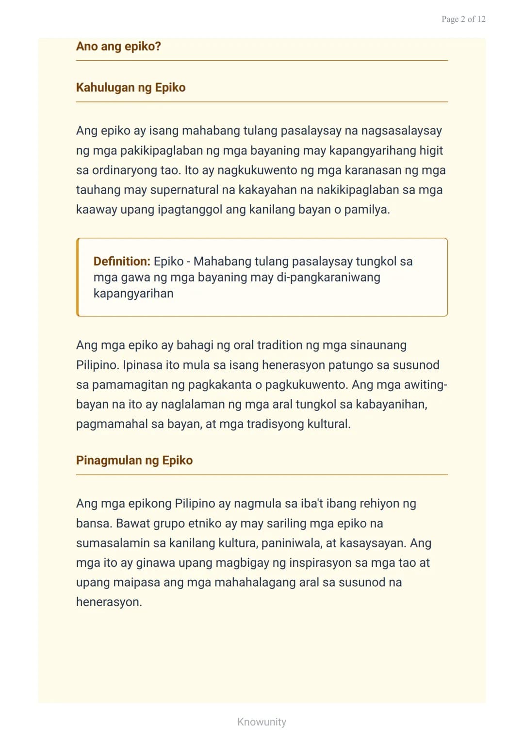 # Epiko: Mga Katangian at Halimbawa sa Panitikang Pilipino
Pag-aaral sa mga katangian ng epiko at mga halimbawang akda
## Mga Layuning Pan