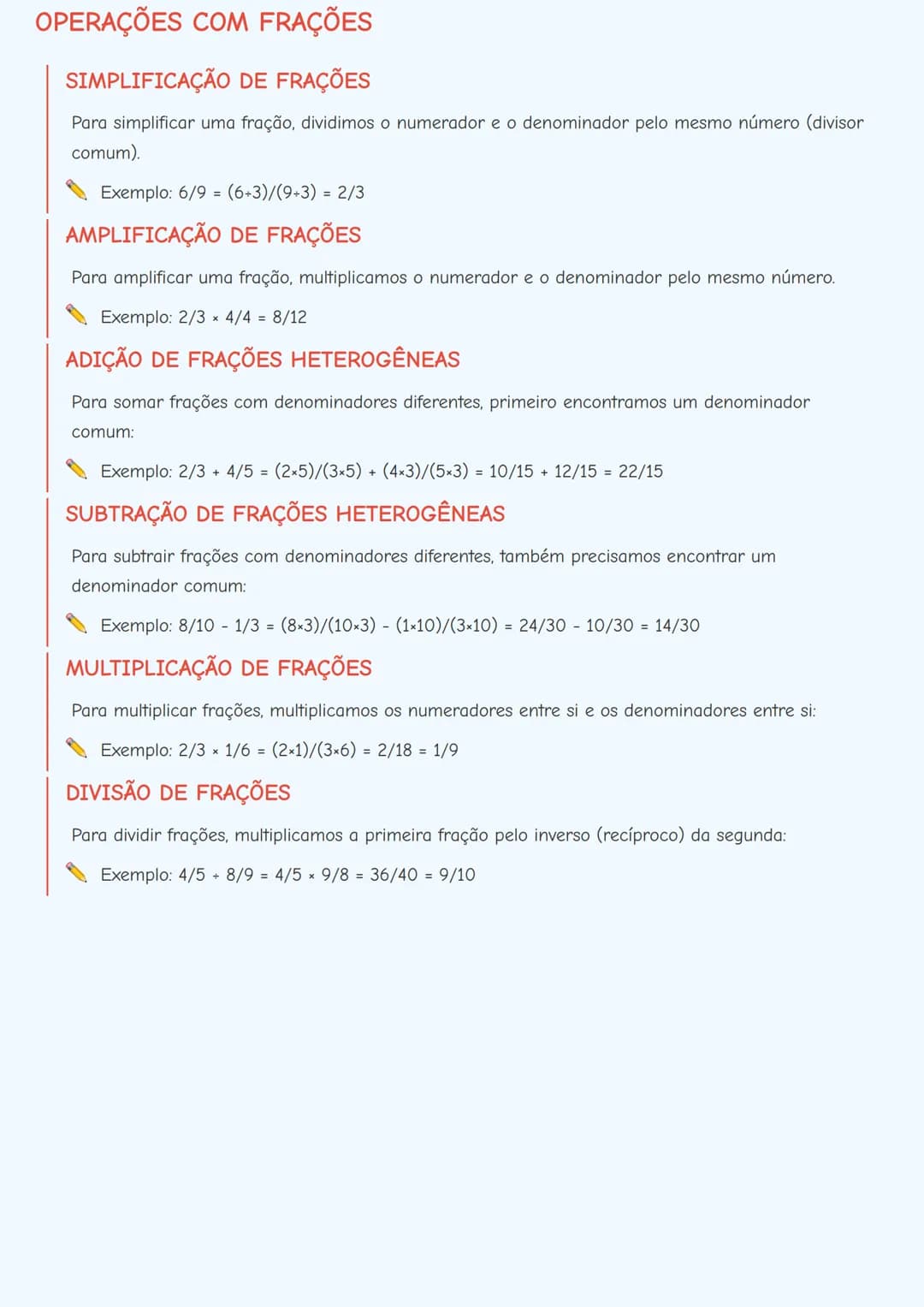 # FRAÇÕES - OPERAÇÕES E CONCEITOS BÁSICOS
CONCEITOS BÁSICOS DE FRAÇÕES
Uma fração é composta por dois números separados por uma linha hori
