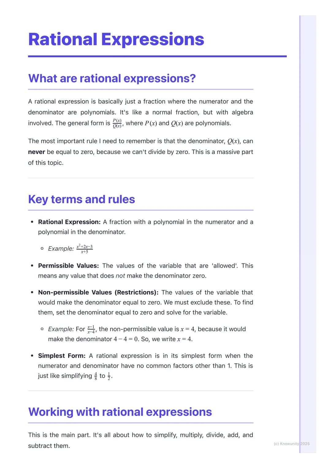 # Rational Expressions
## What are rational expressions?
A rational expression is basically just a fraction where the numerator and the
de