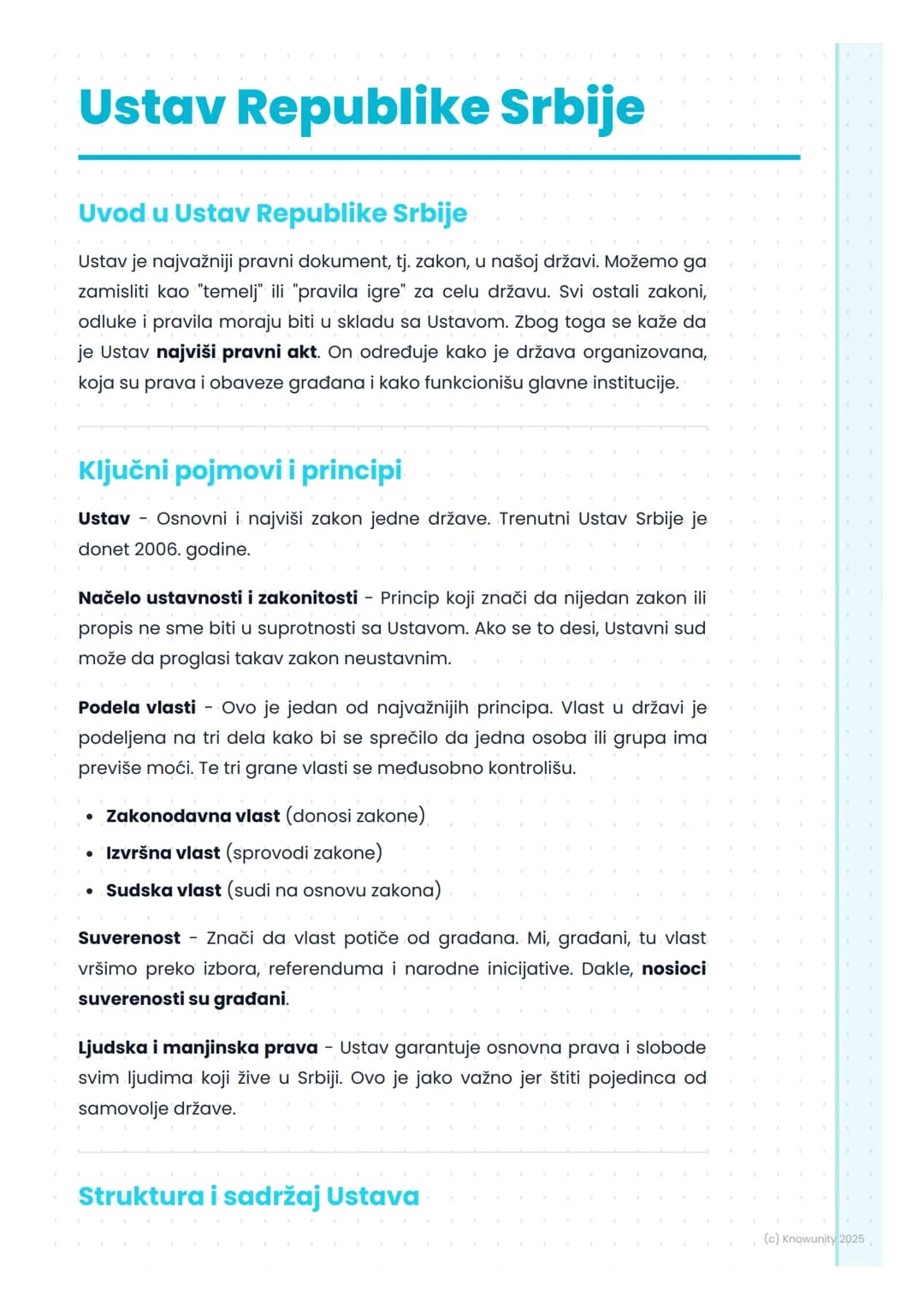 # Ustav Republike Srbije
Uvod u Ustav Republike Srbije
Ustav je najvažniji pravni dokument, tj. zakon, u našoj državi. Možemo ga
zamisliti