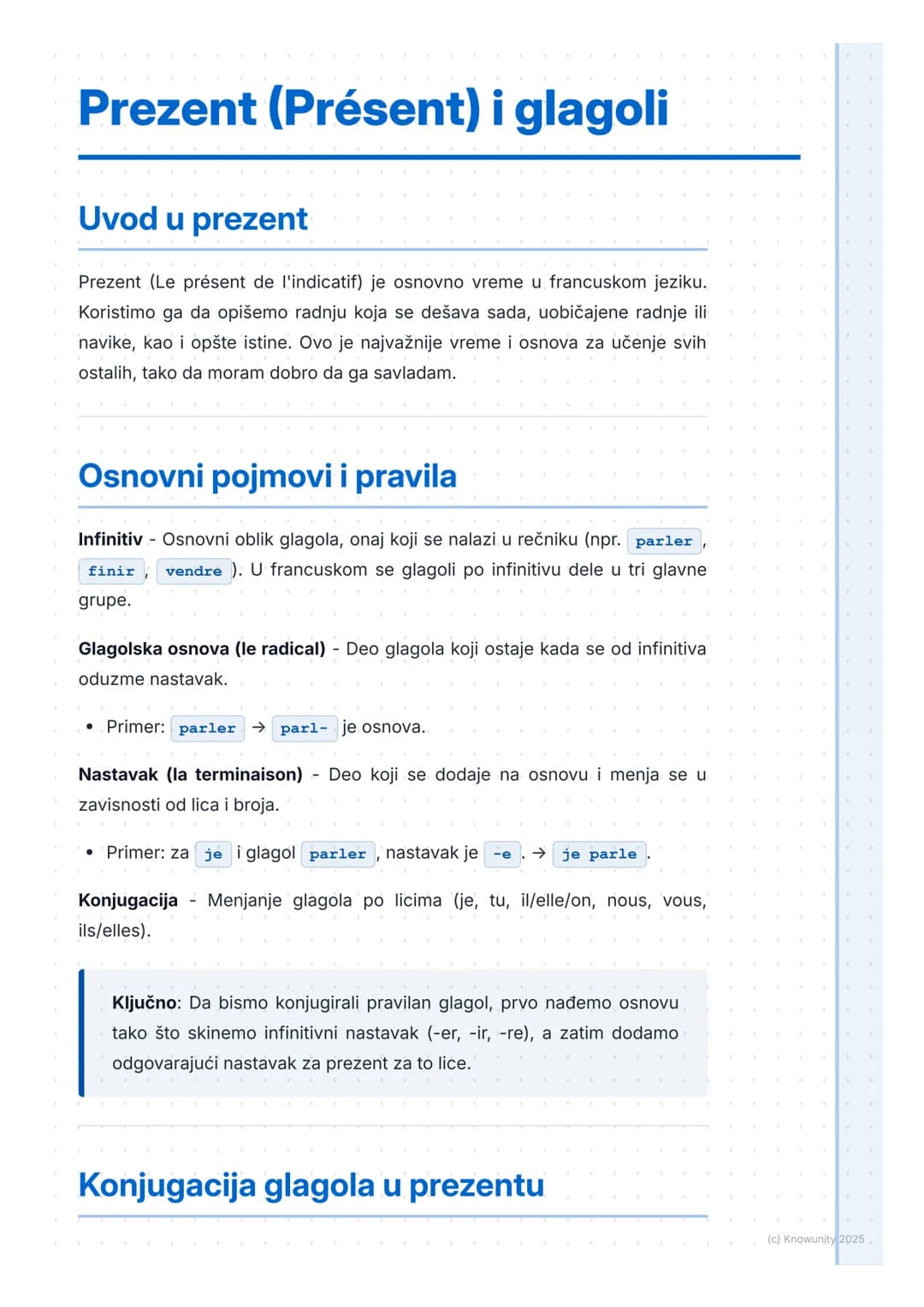 # Prezent (Présent) i glagoli
## Uvod u prezent
Prezent (Le présent de l'indicatif) je osnovno vreme u francuskom jeziku.
Koristimo ga da