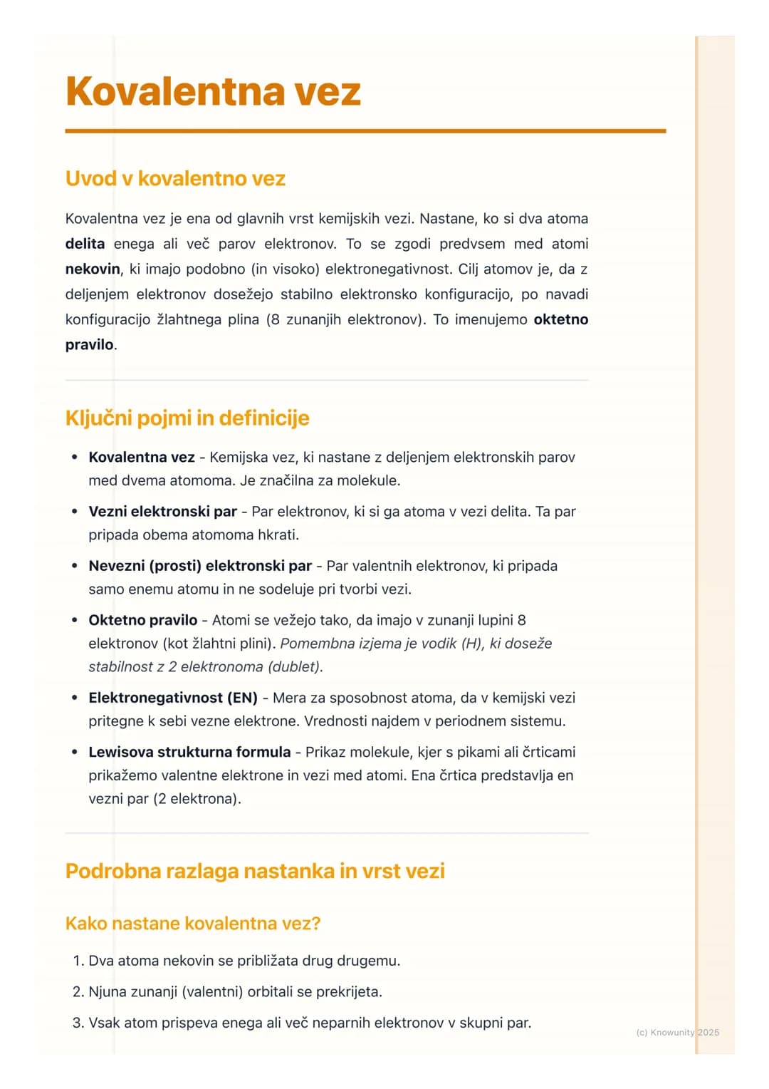 # Kovalentna vez
## Uvod v kovalentno vez
Kovalentna vez je ena od glavnih vrst kemijskih vezi. Nastane, ko si dva atoma
delita enega ali