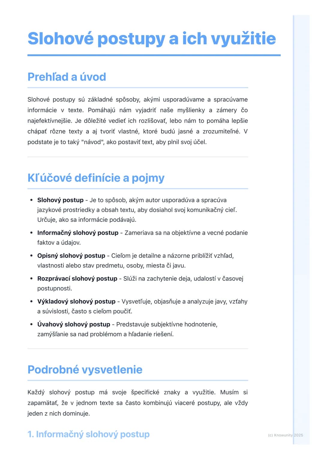 # Slohové postupy a ich využitie
## Prehľad a úvod
Slohové postupy sú základné spôsoby, akými usporadúvame a spracúvame
informácie v texte