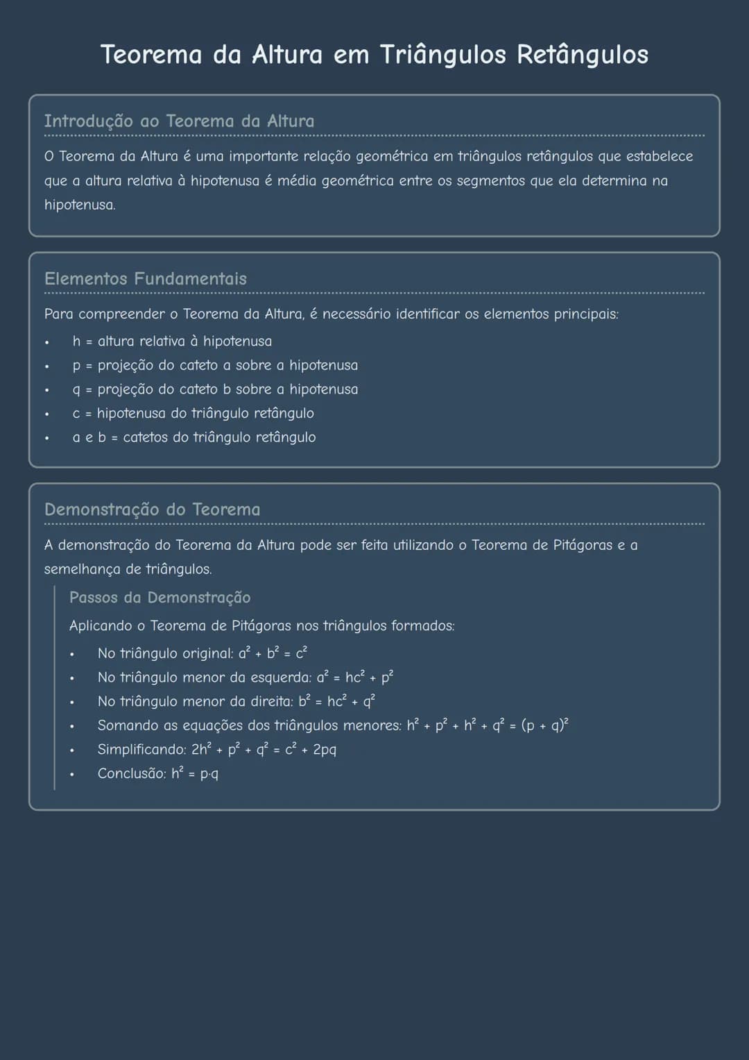 # Teorema da Altura em Triângulos Retângulos
Introdução ao Teorema da Altura
O Teorema da Altura é uma importante relação geométrica em tr
