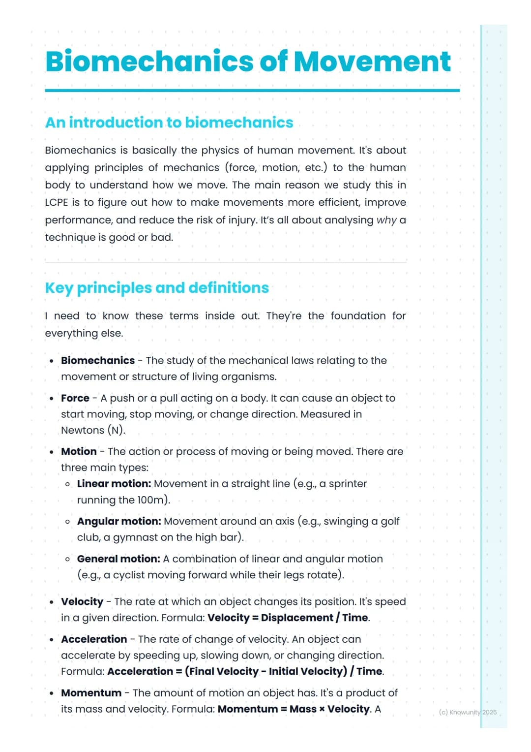 # Biomechanics of Movement
An introduction to biomechanics
Biomechanics is basically the physics of human movement. It's about
applying pr