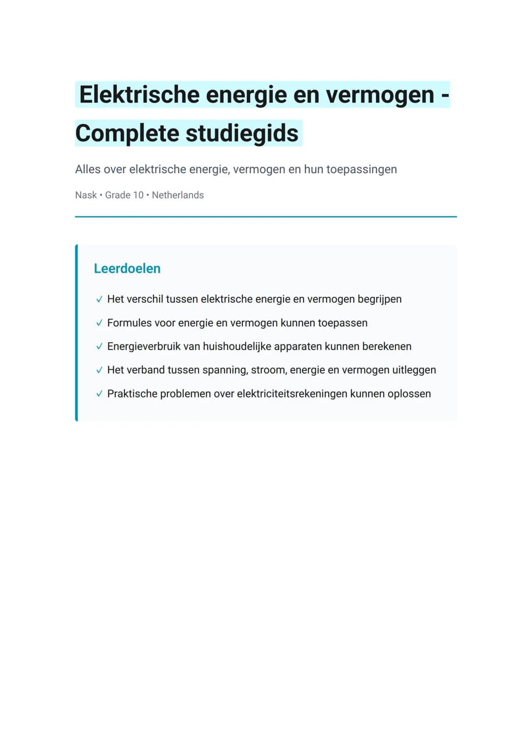 Elektrische energie en vermogen -
Complete studiegids
Alles over elektrische energie, vermogen en hun toepassingen
Nask Grade 10 Netherlan