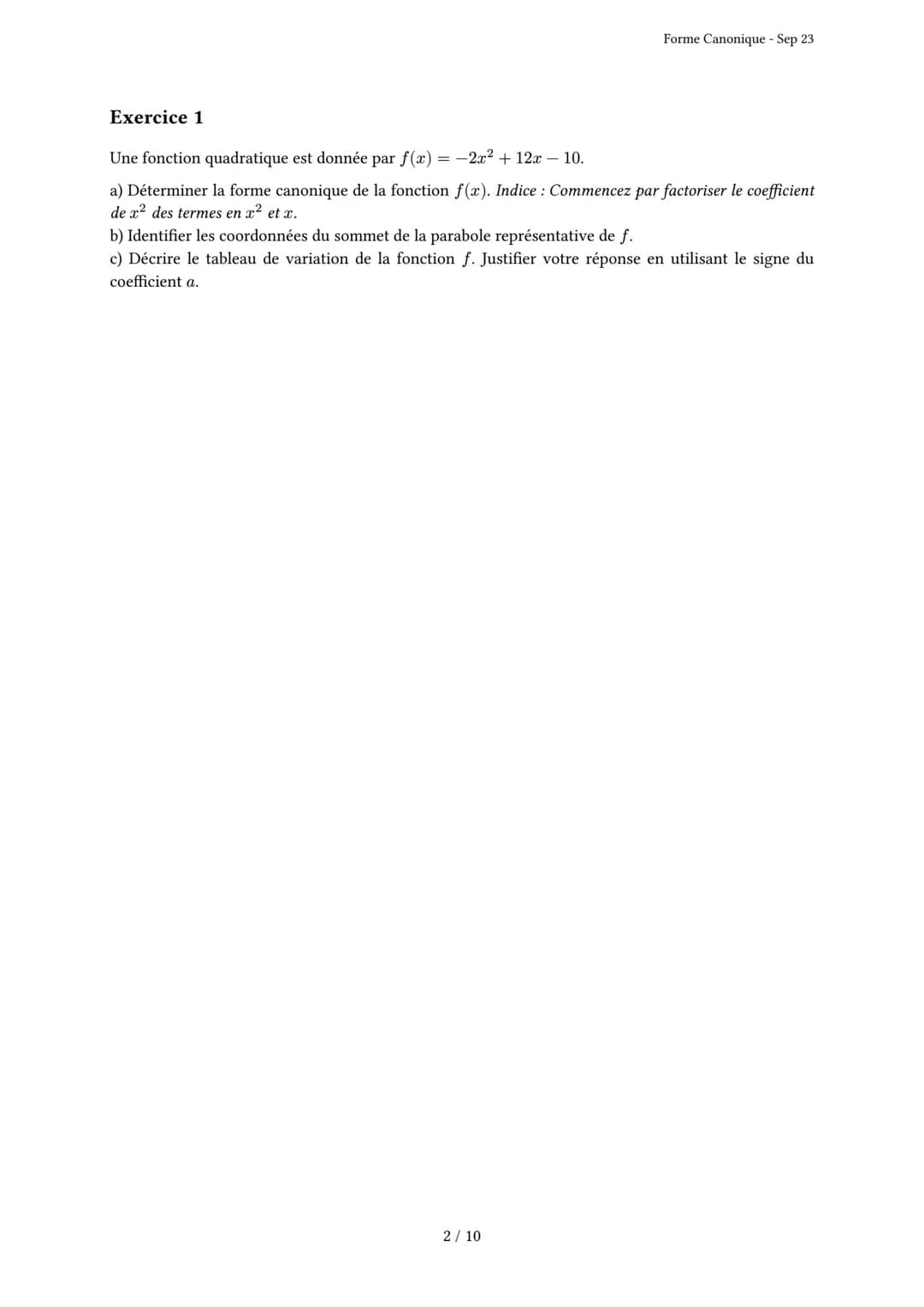 # Forme Canonique
Généré par Knowunity.fr - Sep 23
Description: Cet examen couvre la forme canonique, la complétion du carré et les propri