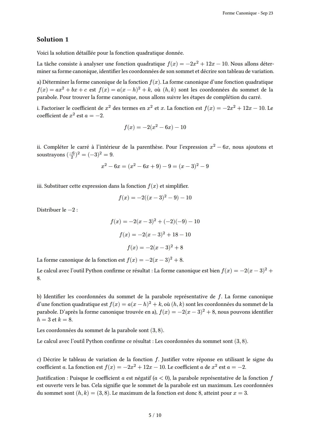 # Forme Canonique
Généré par Knowunity.fr - Sep 23
Description: Cet examen couvre la forme canonique, la complétion du carré et les propri