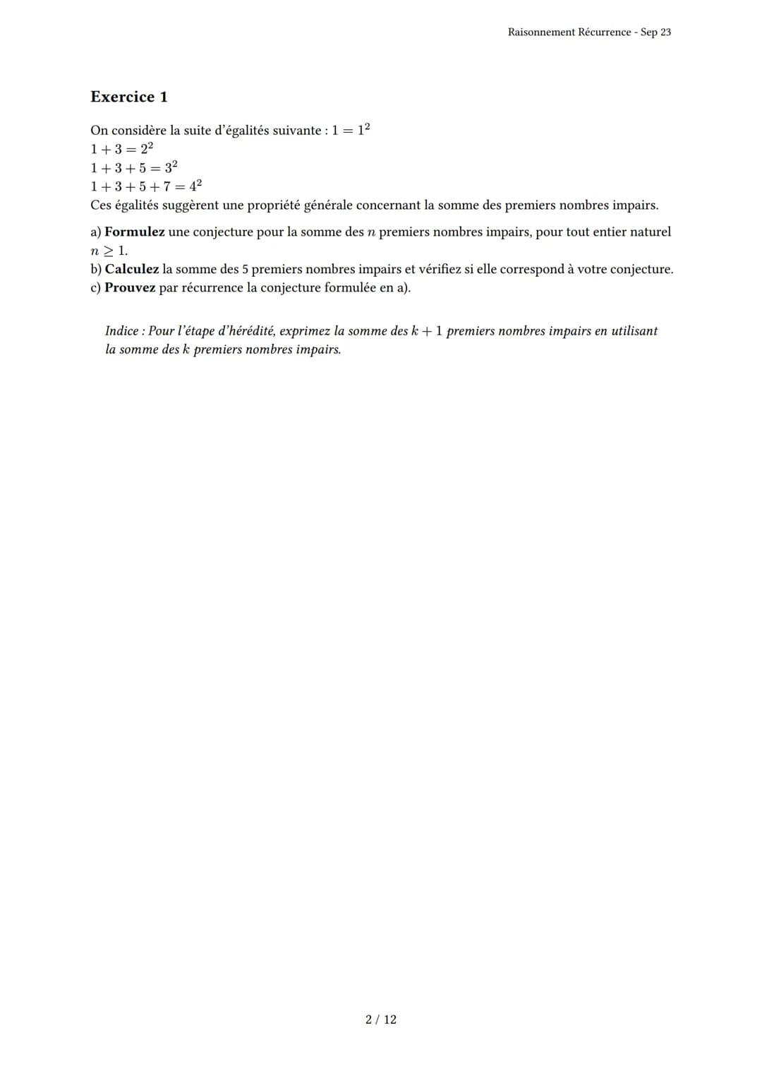 # Raisonnement Récurrence
Généré par Knowunity.fr - Sep 23
Description: Cet examen couvre le principe de récurrence, l'initialisation et l