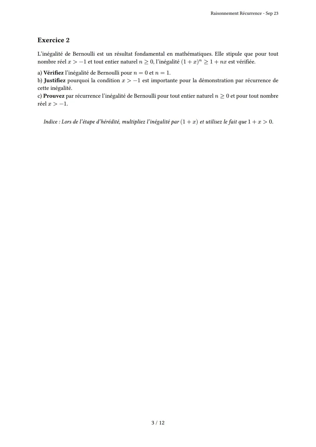 # Raisonnement Récurrence
Généré par Knowunity.fr - Sep 23
Description: Cet examen couvre le principe de récurrence, l'initialisation et l
