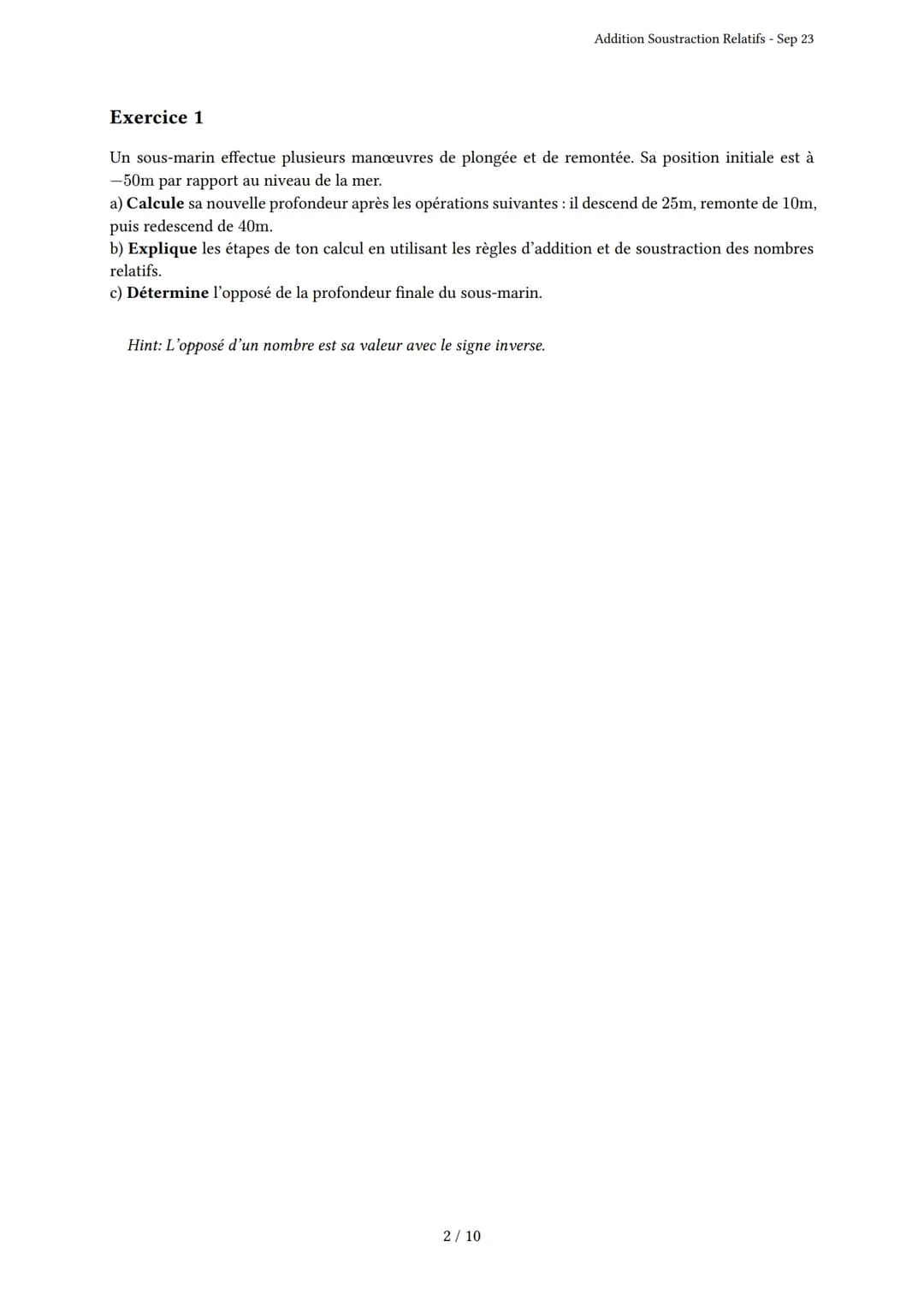 # Addition Soustraction Relatifs
Généré par Knowunity.fr - Sep 23
Description: Cet examen couvre l'addition et la soustraction des nombres